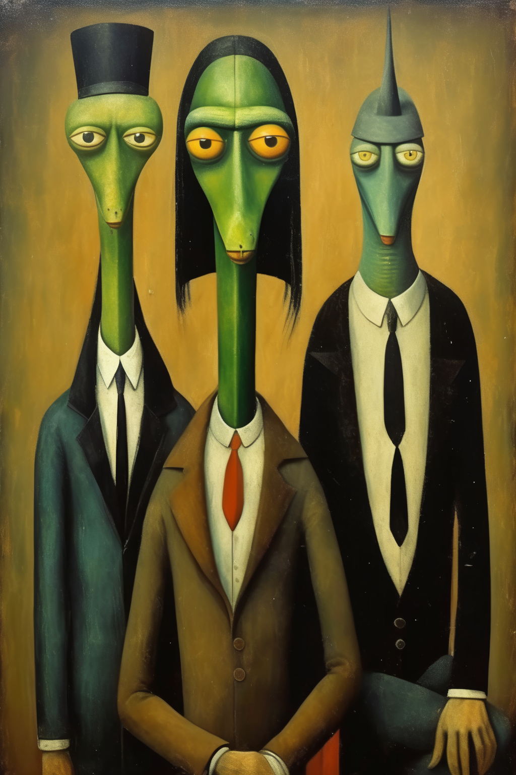 <lora:Victor Brauner Style:1>Victor Brauner Style - reptilians among humans modigliani style