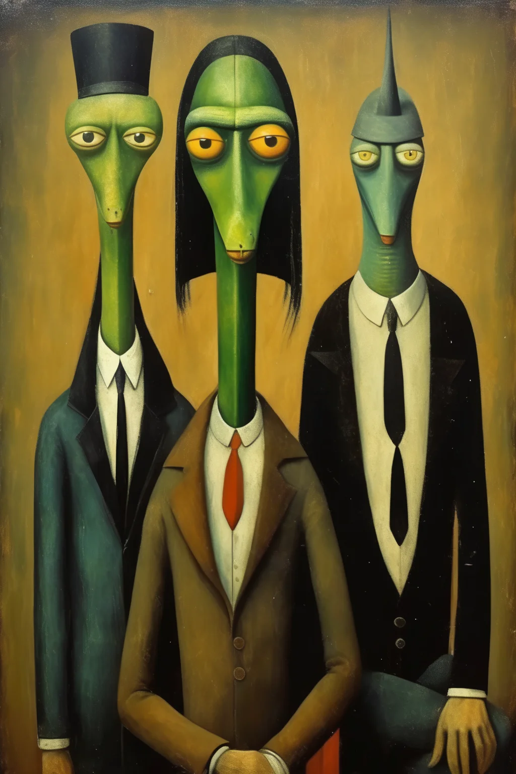 <lora:Victor Brauner Style:1>Victor Brauner Style - reptilians among humans modigliani style