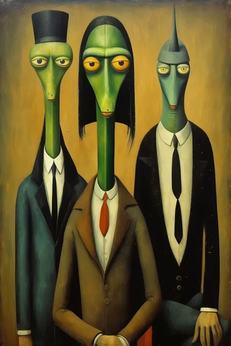 <lora:Victor Brauner Style:1>Victor Brauner Style - reptilians among humans modigliani style