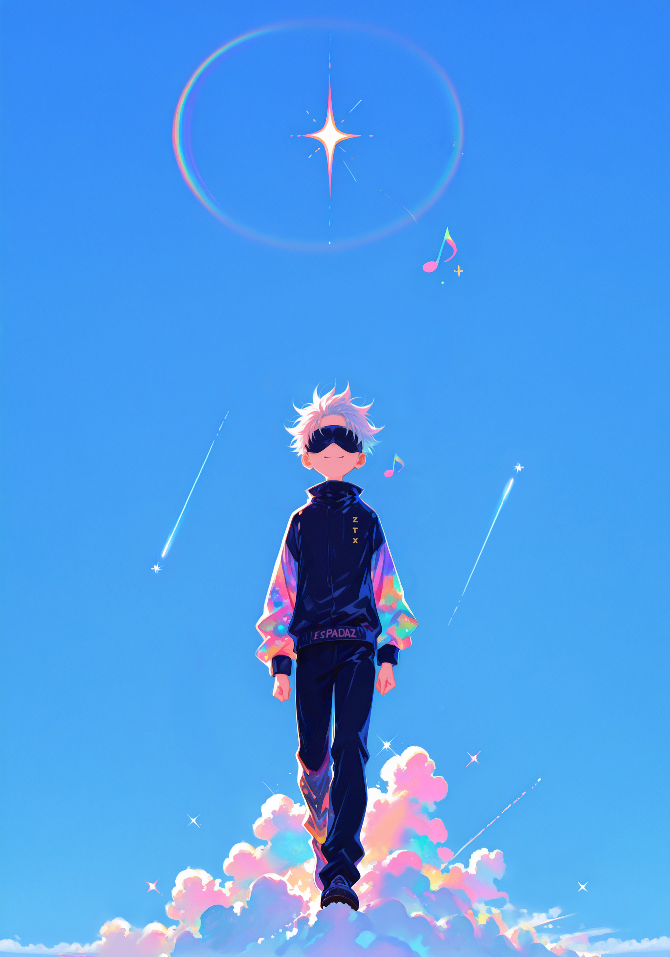 masterpiece, best quality, good quality, newest, highres, absurdres, very awa, vivid colors, flat color, 2D, strong lines, Pop Art, no lineart,no outline,  1boy, gojou satoru,gojou satoru \(jujutsu kaisen\),blindfold,
XUER guangying,
blue sky,walking,on cloud,happy,humming,musical note,rainbow,sparkle,sunlight,pastel colors,colorful,
(artist:quasarcake:0.8),extreme aesthetic,(wlop:0.6),honjou honjou raita,lack,rella,wanke,raita,Visual impact,A shot with tension,
Emotionalization,temperate atmosphere,with a high-end texture,in  the style of fashion photography,(Visual impact:1.2),giving the poster a dynamic and visually striking appearance,impactful picture <lora:TQ_Iridescent_Fantasy_Creations:0.8> <lora:MJ52:0.5> <lora:xl_more_art-full_v1:1> <lora:114558v4df2fsdf5:1>  <lora:illustrious_very_aesthetic_v1:0.5> <lora:XXX477:0.2>  <lora:sowasowart_style:0.3>   <lora:illustrious_flat_color_v2:0.6>  <lora:haiz_ai_illu:0.7>  <lora:checkpoint-e18_s306:0.75>