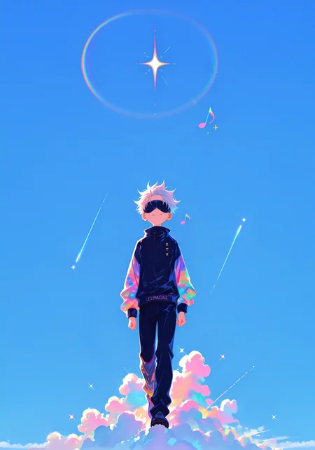 masterpiece, best quality, good quality, newest, highres, absurdres, very awa, vivid colors, flat color, 2D, strong lines, Pop Art, no lineart,no outline, 1boy, gojou satoru,gojou satoru \(jujutsu kaisen\),blindfold,
XUER guangying,
blue sky,walking,on cloud,happy,humming,musical note,rainbow,sparkle,sunlight,pastel colors,colorful,
(artist:quasarcake:0.8),extreme aesthetic,(wlop:0.6),honjou honjou raita,lack,rella,wanke,raita,Visual impact,A shot with tension,
Emotionalization,temperate atmosphere,with a high-end texture,in the style of fashion photography,(Visual impact:1.2),giving the poster a dynamic and visually striking appearance,impactful picture <lora:TQ_Iridescent_Fantasy_Creations:0.8> <lora:MJ52:0.5> <lora:xl_more_art-full_v1:1> <lora:114558v4df2fsdf5:1> <lora:illustrious_very_aesthetic_v1:0.5> <lora:XXX477:0.2> <lora:sowasowart_style:0.3> <lora:illustrious_flat_color_v2:0.6> <lora:haiz_ai_illu:0.7> <lora:checkpoint-e18_s306:0.75>