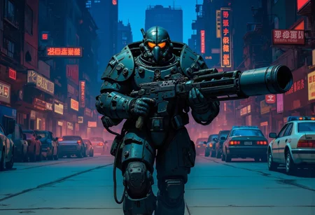 1man, A heavily armored warrior in futuristic black power armor stands confidently, wielding a massive gatling gun. The armor is bulky, with reinforced plating, large shoulder pads, and complex mechanical joints. The helmet has a slit like visor and built from multiple triangular metallic elements, giving the character a rugged, battle-hardened look. The gatling gun features a drum magazine, with visible wiring and mechanical components, emphasizing its powerful nature. The character exudes strength and resilience, with an imposing and intimidating stance, full shot, full body visible, ultra realistic, masterpiece, he walks in a deserted road, distant cyberpunk metropolis, night time, neon light lights the sky.