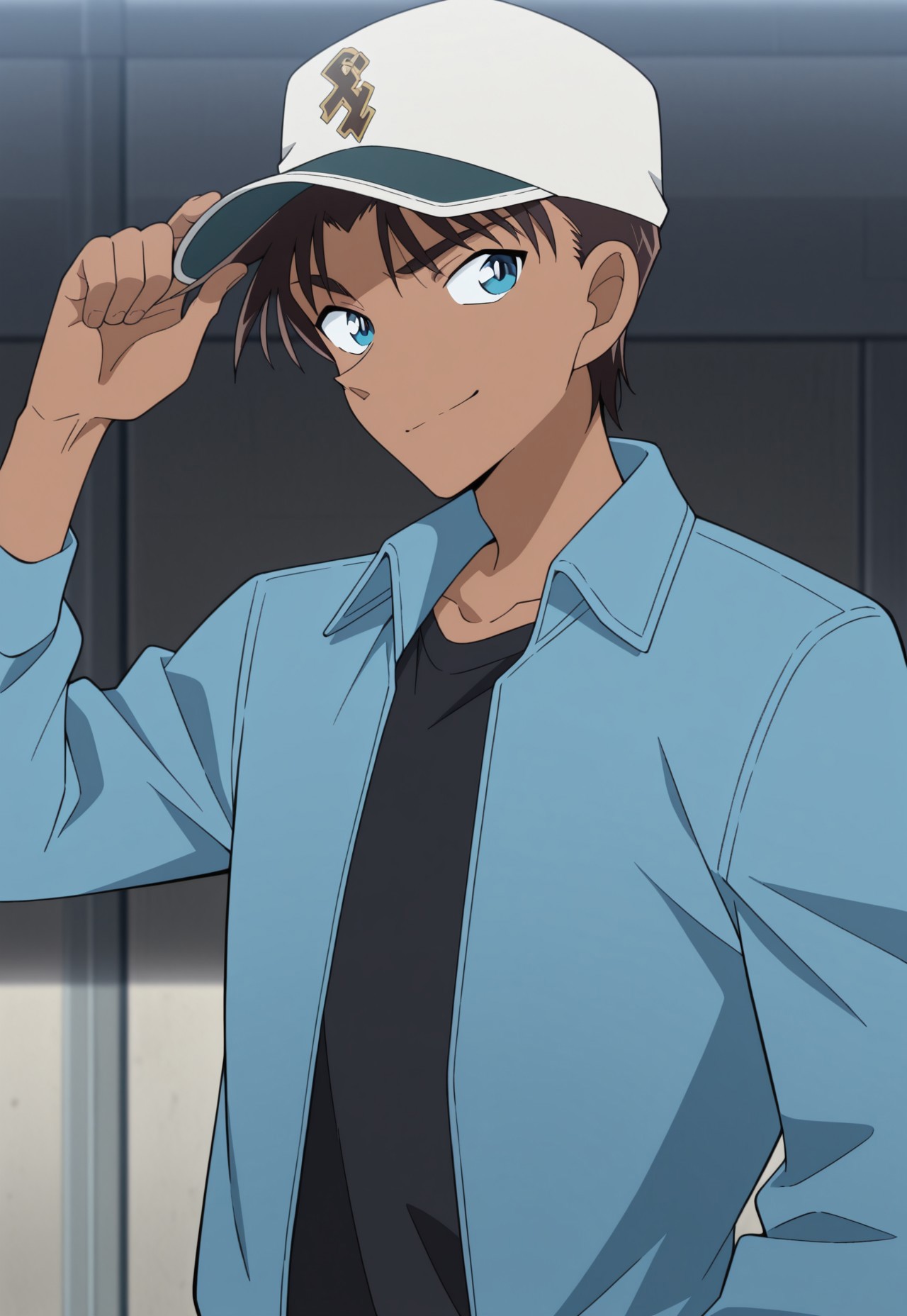 masterpiece,best quality,amazing quality, source_anime,

heijihattori, 1boy, male focus, solo, dark skin, dark-skinned male, blue eyes, brown hair, hat, baseball cap, white headwear, jacket, blue jacket, open jacket, black shirt, smile,