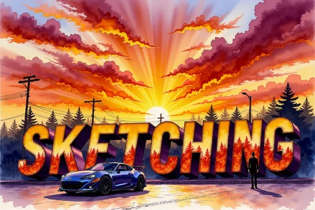 <lora:Vibrant_watercolor_v.21:0.99> A digital watercolor sketching featuring an urban scene. (The clearly visible towering reflective text ("SKETCHING") are rendered with intricate, detailed reflections that catch the orange and red hues of the fiery sunset, each panel edge emphasizing the surreal quality of the installation). The sky is filled with intricate dramatic clouds swirling in vivid shades of gold and crimson, amplifying the intensity of the sunset. The street is depicted with sharp, angular shadows stretching across the pavement, while the sportcar and lonely sophisticated pedestrians are outlined with defined lines.