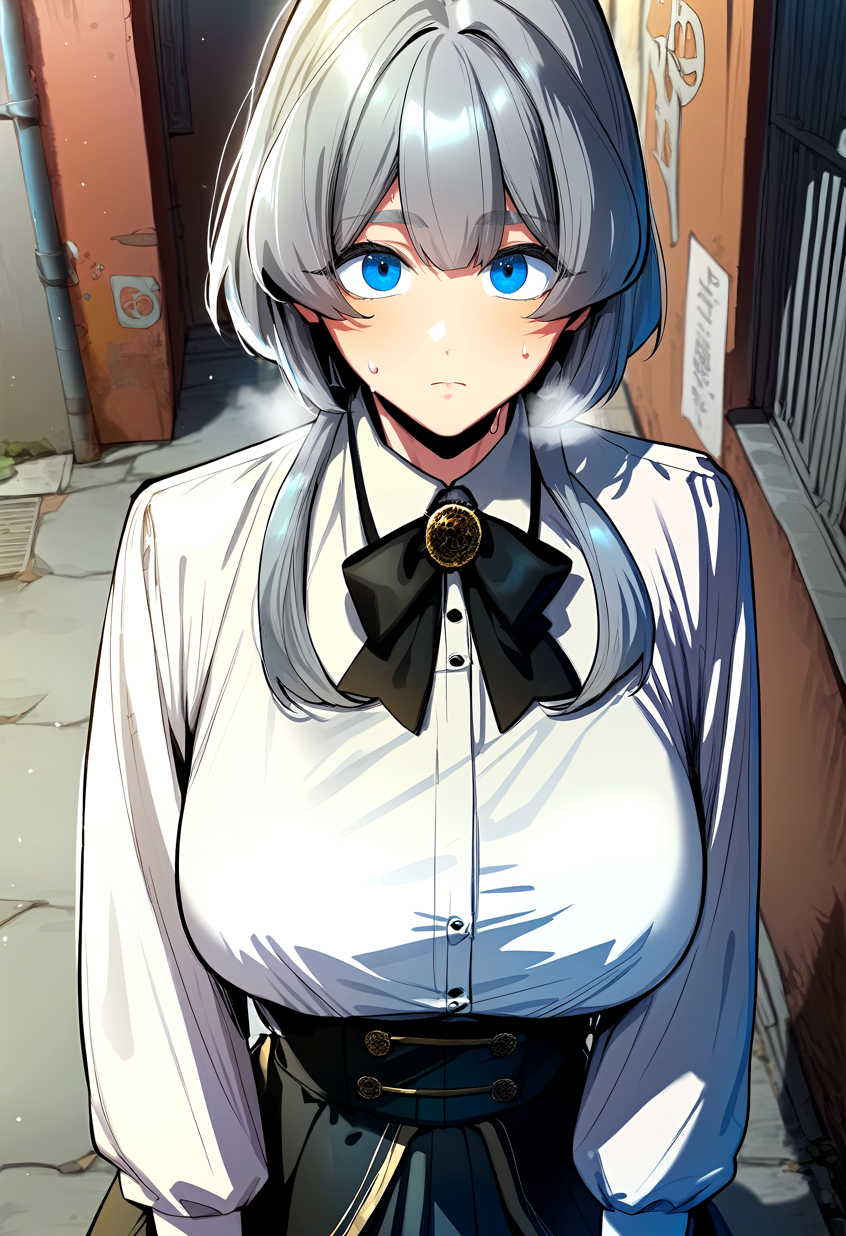 score_9, score_8_up, score_7_up, score_6_up, source_anime, rating_explicit, <lora:neg4all_bdsqlsz_V3.5:2.0>1girl, (solo:1.2), huge breasts, <lora:li-neponyxl:1> blue eyes, grey hair, bangs, medium hair with long locks, hair over shoulder, brooch, black bow, bowtie, white shirt, long sleeves, collared shirt, black skirt, expressionless, Narrow shoulders, sweat, heavy breathing, steaming body, alley, outdoor, looking at viewer
