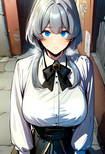 score_9, score_8_up, score_7_up, score_6_up, source_anime, rating_explicit, <lora:neg4all_bdsqlsz_V3.5:2.0>1girl, (solo:1.2), huge breasts, <lora:li-neponyxl:1> blue eyes, grey hair, bangs, medium hair with long locks, hair over shoulder, brooch, black bow, bowtie, white shirt, long sleeves, collared shirt, black skirt, expressionless, Narrow shoulders, sweat, heavy breathing, steaming body, alley, outdoor, looking at viewer