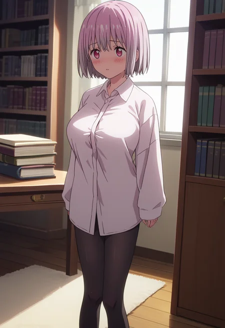 score_9, score_8_up, score_7_up, anime screencap, source_anime, 1girl, solo,
<lora:Akane_Shinjo_SSSS.Gridman_V2:.85>, KJOakane, short hair, pink hair, pink eyes,
bedroom, bookshelf, wardrobe, desk, carpet, standing, shy, blush, parted lips, white shirt, oversized shirt, dress shirt, sleeves past wrists, black pantyhose, no pants,
(Beautiful, large Breasts:1.2), natural breasts,