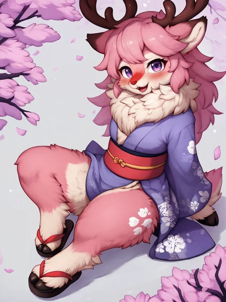 score_9, score_8_up, score_7_up, score_6_up, score_5_up, max detail, 4k wallpaper, masterpiece, best quality, absurdres, highres, dynamic angle, dynamic pose, source_anime, furry, detailed fur, (body fur, fur:1.2), (fluffy, tuft:1.3), mammal, source_furry, <lora:DetailedFur:0.8>
doe, mammal, kemono, female, pink fur, clothing, pink body, anthro, asian clothing, east asian clothing, japanese clothing, pink hair, suina, suid, hi res, sitting, open mouth, solo, looking at viewer, hair, footwear, fur, purple eyes, feral, antlers, kimono, sandals, reindeer, blush, smile, hooves, horn, long hair