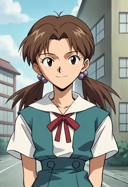 score_9, score_8_up, score_7_up, score_6_up, score_5_up, score_4_up, BREAK, source_anime, 1990s \(style\), retro artstyle,
1girl, hikarihoraki, brown hair, twintails, freckles, hair bobbles, long hair, black eyes,
ribbon, short sleeves, suspender skirt, tokyo-3 middle school uniform,
hands behind back, smile, upper body, looking at viewer, solo, outdoors, tokyo-3, buildings, tokyo-3 background <lora:HikariHorakiXL:1>