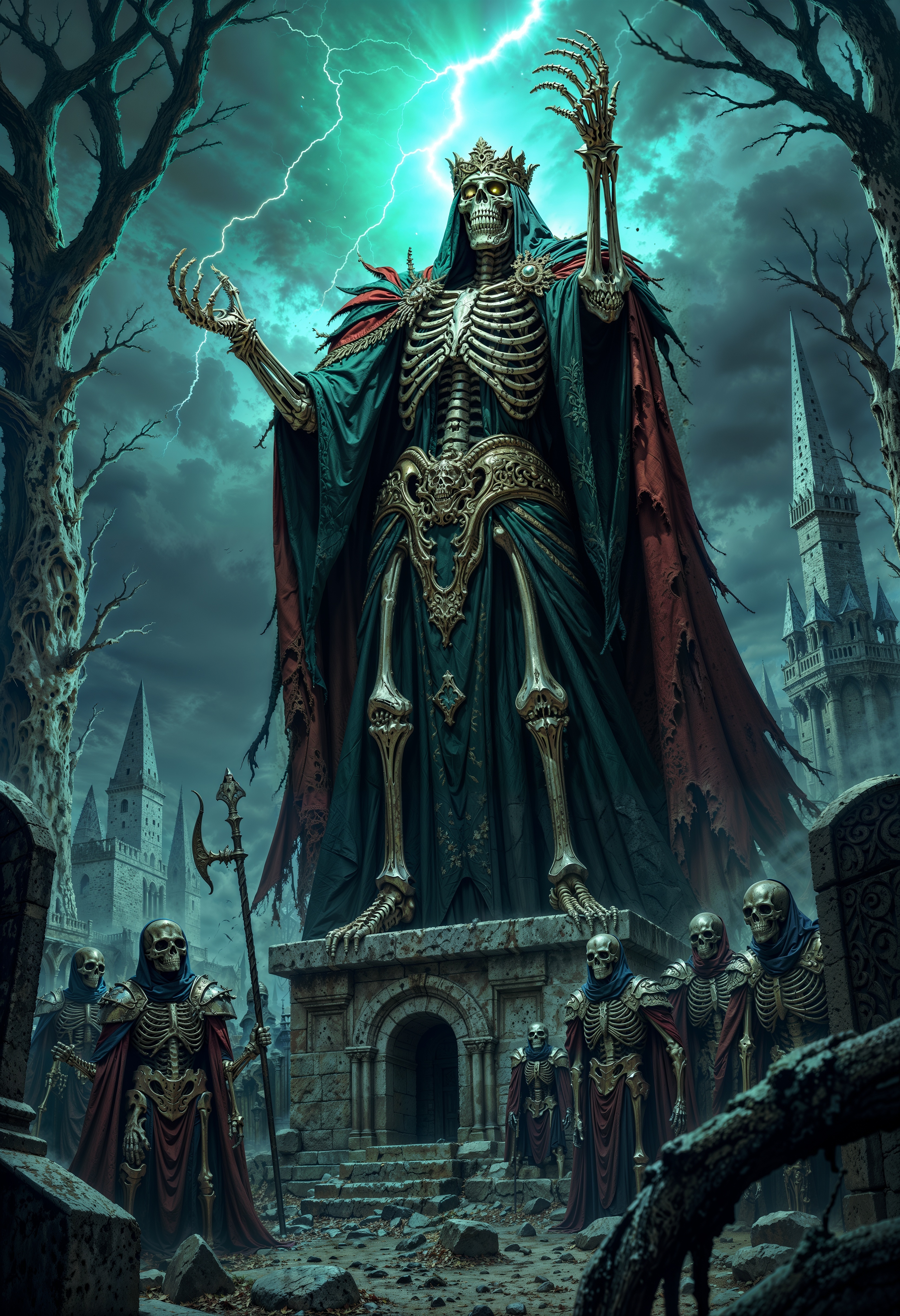 A majestic skeleton king, draped in tattered royal robes and a cracked golden crown, stands atop a crumbling crypt. His empty eye sockets glow with an eerie green light as he raises a bony hand, commanding a legion of undead soldiers who crawl from the earth beneath him. The landscape is a graveyard shrouded in fog, with crooked tombstones and gnarled trees framing the scene. A dark, stormy sky crackles with lightning as the skeleton king prepares to lead his army into the night. (maximum ultra high definition image quality and rendering:3), maximum image detail, maximum realistic render, (((ultra realist style))), realist side lighting, , 8K high definition, realist soft lighting, (amazing special effect:3.5),  <lora:FluxMythP0rtr4itStyle:0.8>