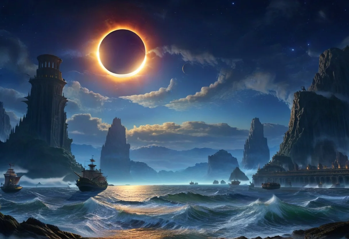 fantasy art, (masterpiece: 1.2), (highest quality: 1.1), (HDR: 1.0), extreme quality, CGI, ultra-detailed, ultra-realistic, fantasy rendering, watery planet with mountainous landscape, excessively tall seawalls atop a cliffy plateau protect a high fantasy style city, in the distance is a turbulent sea covered with fog, dark sky, dust, in the background there is a sun and two small moons are eclipsing the sun, this eclipse by 2moons is darkening the sky in the distance, detailed background, (limit: 2smallmoons, distant, far, 1sun, calm, eclipse), no other heavenly bodies inhabit the sky, (sun being eclipsed by 2moon in the sky, starry sky, cloudy sky), Unrealistic rendering engine, sharp shadows, walled city, airships in the distance, Arcane style, (walls, tall walls, walled city, seawalls, huge, grand walls, excessively tall walls, overly tall walls), a substantial harbor with airships and ships are embarking, fantasy airships can be seen flying in the distance, (airships, flying, far from camera), massively tall seawalls surround the city almost obscuring even its tallest buildings despite sitting atop a cliffy plateau, aerial perspective, view from afar, eclipse, sun being eclipsed by no more than 2moons, intricately detailed, ultra HD, high quality, best quality, a masterpiece, award winning, the image evokes a sense of calm, moon, sun, outdoors, eclipse, Jed-FanSea,