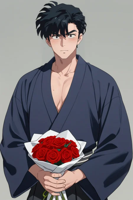 gay male, zPDXLxxx, source_anime, score_9, score_8_up, score_7_up, score_6_up, score_5_up, score_4_up <lora:Tatewaki_Kuno:0.7> 1boy, male focus, tatewaki_kuno, black hair, black eyes, thick eyebrows, japanese clothes, kimono, open clothes, large pectorals, holding bouquet of red roses, blushing <lora:Expressive_H:1> startled expression, expressiveh