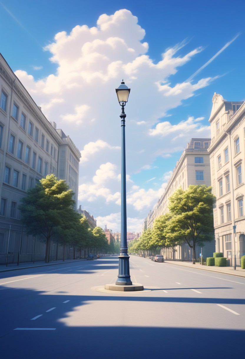 masterpiece, absurdres, best quality, Versabg, sky, tree, cloud, outdoors, scenery, no humans, building, day, blue sky, city, road, shadow, cityscape, street, lamppost, cloudy sky, sunlight
