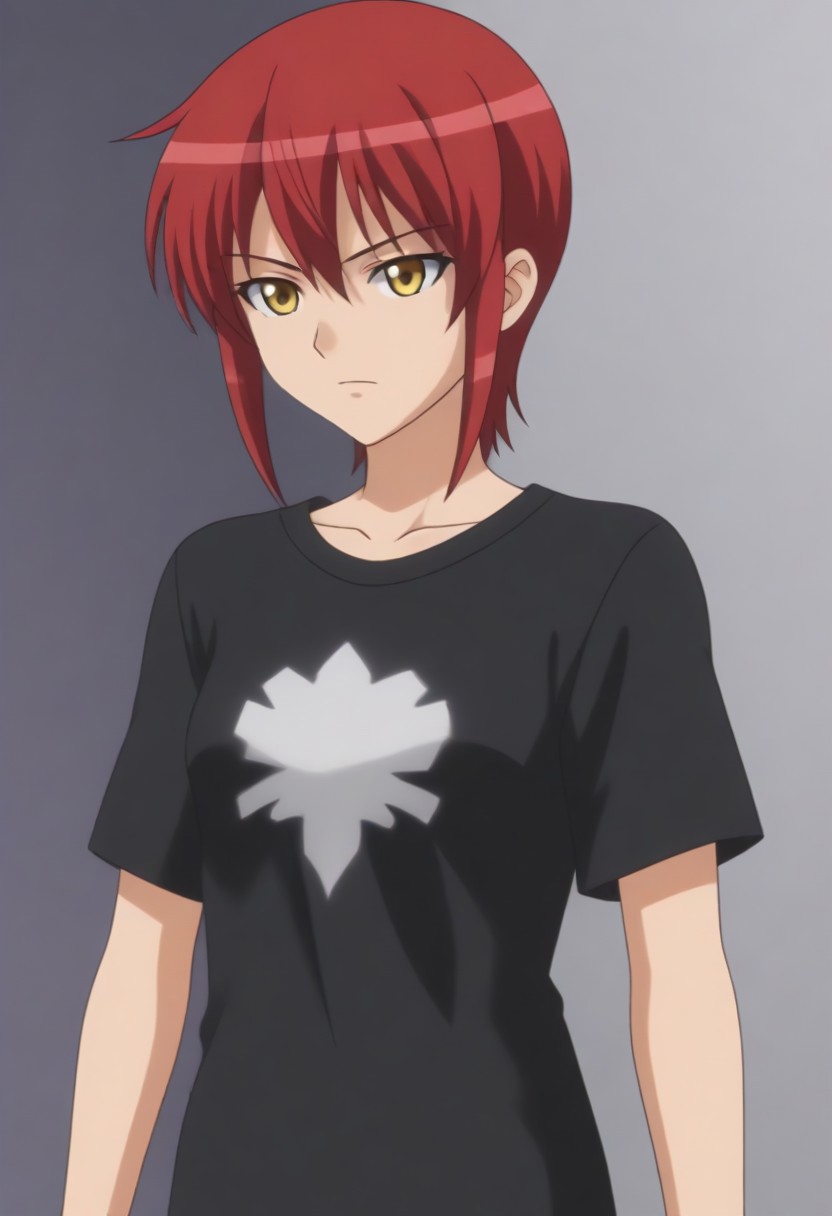 source_anime, anime screencap, source_anime, auratheguillotine, anime screencap, masterpiece, source_anime, shiny skin,,,,,,black t-shirt,1girl, solo, rza, red hair, yellow eyes,