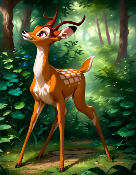 score_9, score_8_up, score_7_up, score_6_up,
bambi, adult, horns, deer, solo, ((Four legs,)) hyperdetailed, detailed fur, happy, forest, without stains on the back, full body,
<lora:add-detail-xl:0.8><lora:Bambi:1>  <lora:Furry Enhancer 6.1:2>
