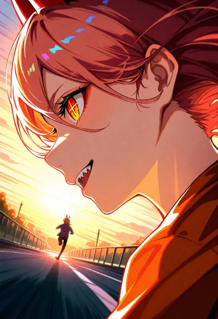 score_9_up, score_8_up, score_7_up, masterpiece, best quality, very aesthetic, absurdres, very awa, newest,  (konnyaku \(kk-monmon\):0.4), (luai:0.4), (hews:0.3), power \(chainsaw man\), chainsaw man, orange shirt, close up, from side, dynamic angle, happy, outdoors, wind, in motion, running, sunset, empty street