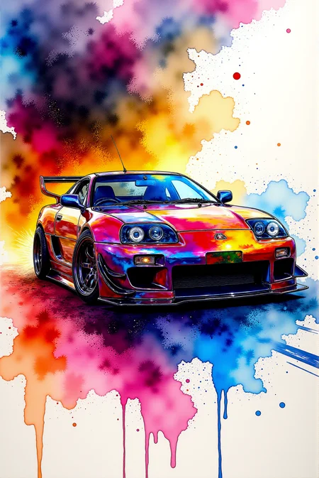 <lora:Vibrant_watercolor_v.21:0.99> Breathtaking alcohol ink art glowing brightly in DGLO style which introduces a Watercolorsketch style automotive fanart sketchâa fascinating symphony of geometric precision of lines and shapes complimented by meticulously rendered details, captured in VibrantlySharp style which consists of fluid and vibrant colors, unpredictable patterns, organic textures, translucent layers, abstract compositions, ethereal and dreamy effects, free-flowing movement, expressive brushstrokes, contemporary aesthetic, wet textured paper. Award-winning, professional, highly detailed.