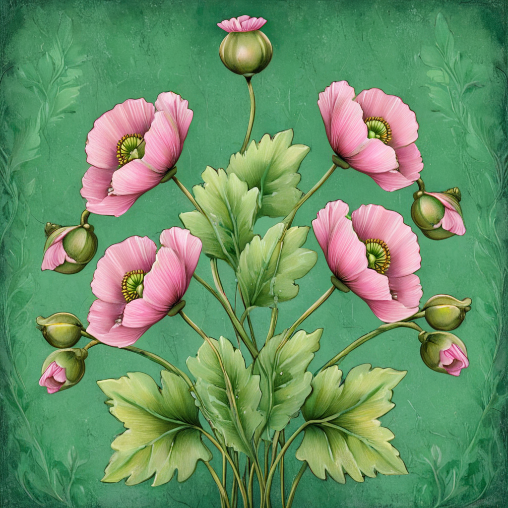 <lora:ArtNoveauMJ7SDXL:1> ArsMJStyle, Art Nouveau,, The image shows a painting of pink poppies on a green background with leaves and buds., no humans, flower, leaf, still life, plant, pink flower, signature