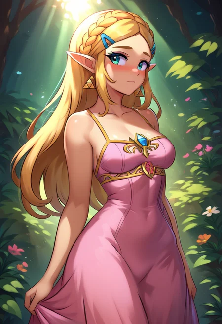 score_9, score_8_up, score_7_up, score_6_up, sc4rl, 1girl, looking to the side, princess zelda, medium breasts, the legend of zelda, sunlight, crown braid, dress, greenery, flowers