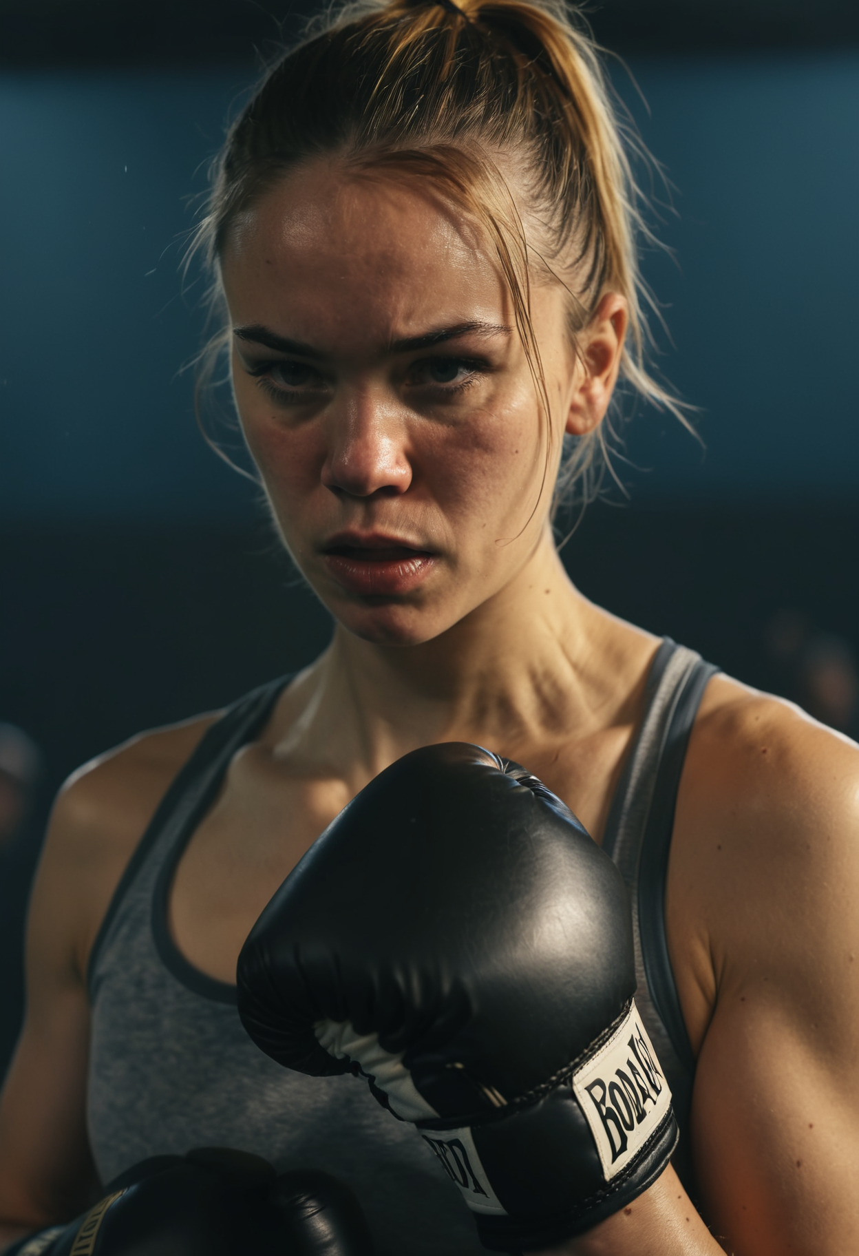photograph close up portrait of Female boxer training, serious, stoic cinematic 4k epic detailed 4k epic detailed photograph shot on kodak detailed bokeh cinematic hbo dark moody
