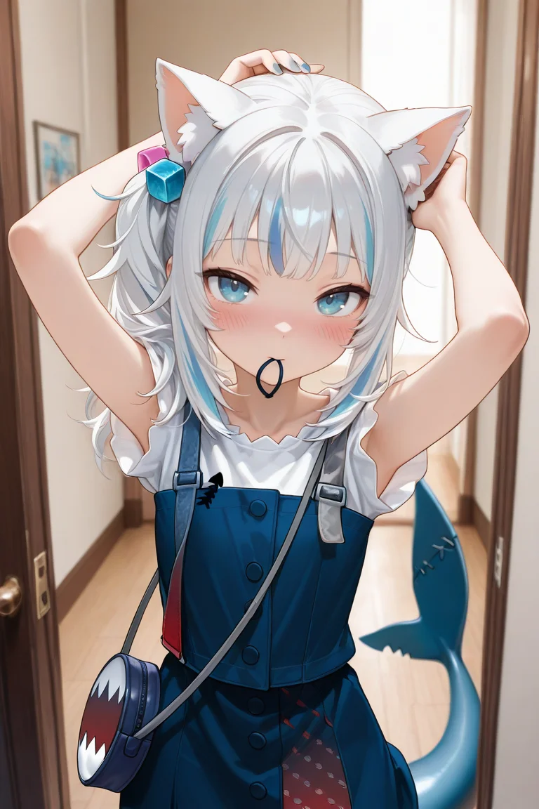 masterpiece, best quality, high quality, highres, ultra-detailed, <lora:add-detail-xl:2>, 1girl, upper body, 
 <lora:gura_illus:1> cat ears, blue dress, white shirt, red slit, shoulder bag, side ponytail, cube hair ornament, grey hair, streaked hair, blue eyes, shark tail, blue nails,
doorway, indoors, room, adjusting hair, arms up, hair_tie_in_mouth, blush, mouth hold, looking at viewer,
