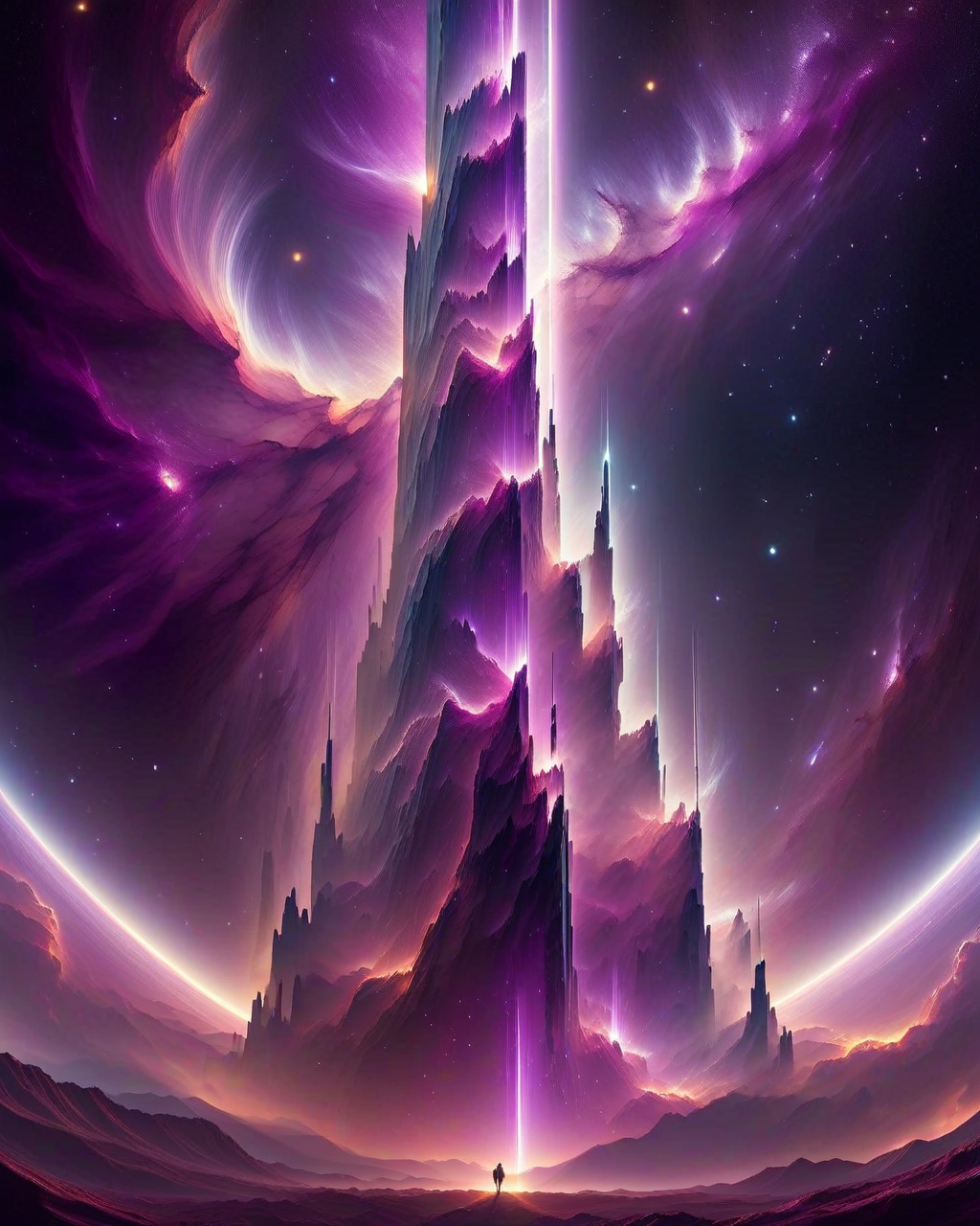 (Masterpiece, Best Quality, Highres:1.2), (photoreal cinematic of a city), background very distant on space a distant purple pillar nebula in diagonal, the night, dark, high fidelity, clarity, realistic, 4k, masterpiece