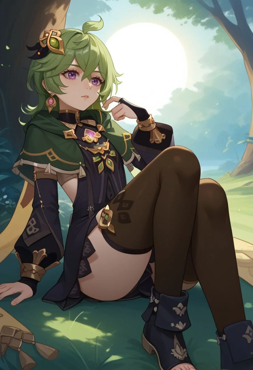score_9, score_8_up, score_7_up, source_anime, 1girl, colleidef, green hair, medium hair, purple eyes, hair ornament, hair between eyes, ahoge, earrings, single earring, jewelry, green capelet, black dress, detached sleeves, puffy long sleeves, backless dress, bridal gauntlets, crossed bangs, brown thighhighs, asymmetrical legwear, thighlet, vision \(genshin impact\), boots, toeless footwear, lying, on back, leg up, looking at viewer, outdoors, forest, sun, grass, <lora:Collei_v1-000010:1>