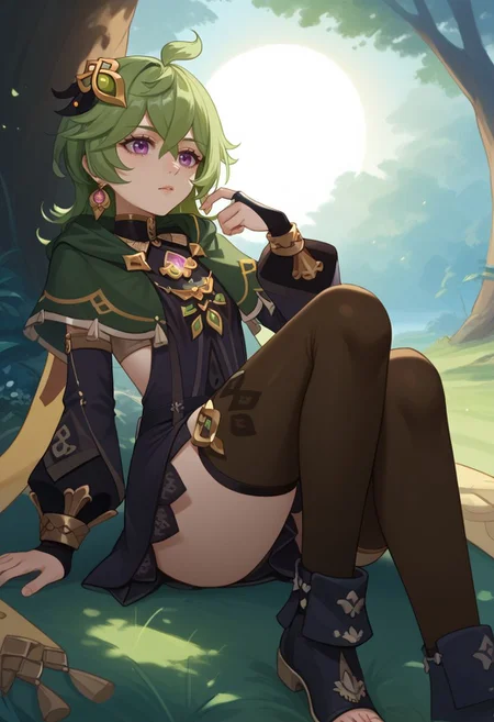 score_9, score_8_up, score_7_up, source_anime, 1girl, colleidef, green hair, medium hair, purple eyes, hair ornament, hair between eyes, ahoge, earrings, single earring, jewelry, green capelet, black dress, detached sleeves, puffy long sleeves, backless dress, bridal gauntlets, crossed bangs, brown thighhighs, asymmetrical legwear, thighlet, vision \(genshin impact\), boots, toeless footwear, lying, on back, leg up, looking at viewer, outdoors, forest, sun, grass, <lora:Collei_v1-000010:1>