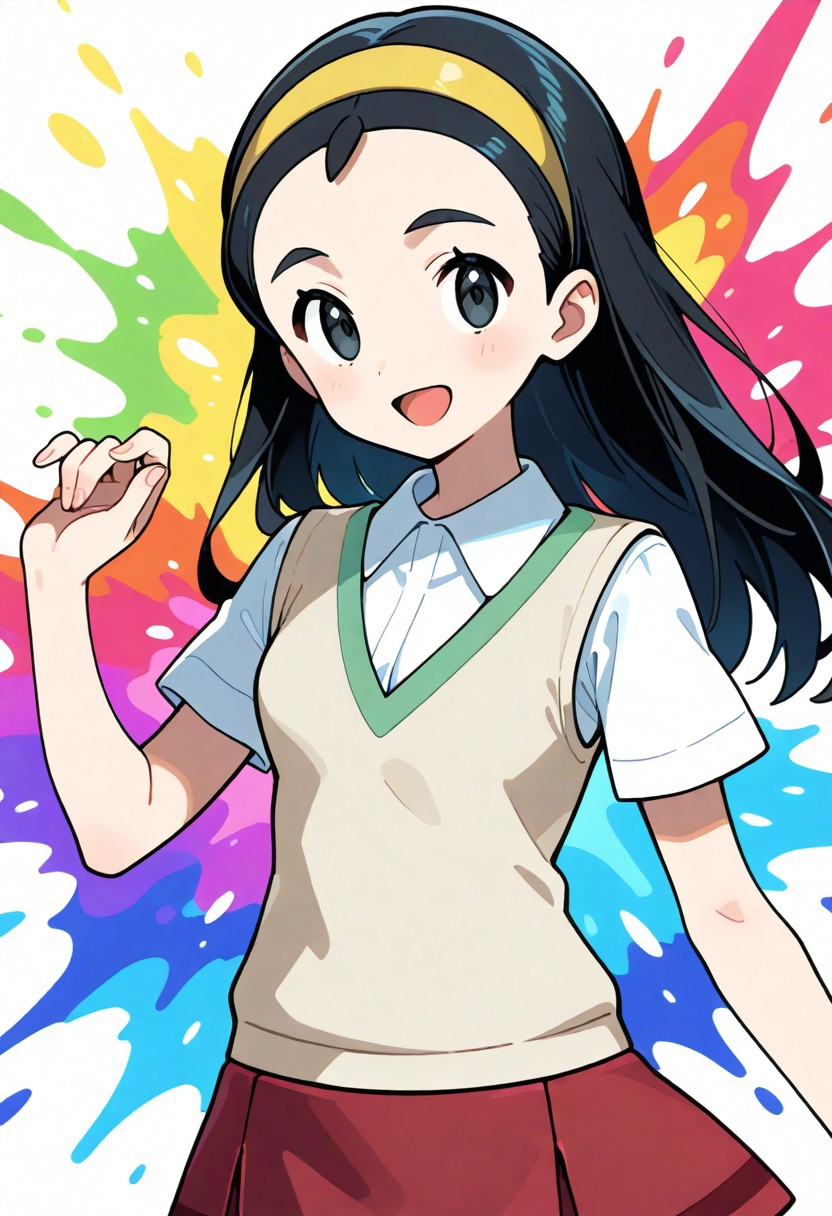 2d, masterpiece, best quality, amazing quality, highres, absurdres, newest, standing, smile, open mouth, cowboy shot, upper body, colorful background, multicolored background, color splashes, teammates \(pokemon\), collared shirt, short sleeves, beige sweater vest, red skirt, miniskirt, 1girl, solo, senpai, long hair, black hair, black eyes, hairband, green neck