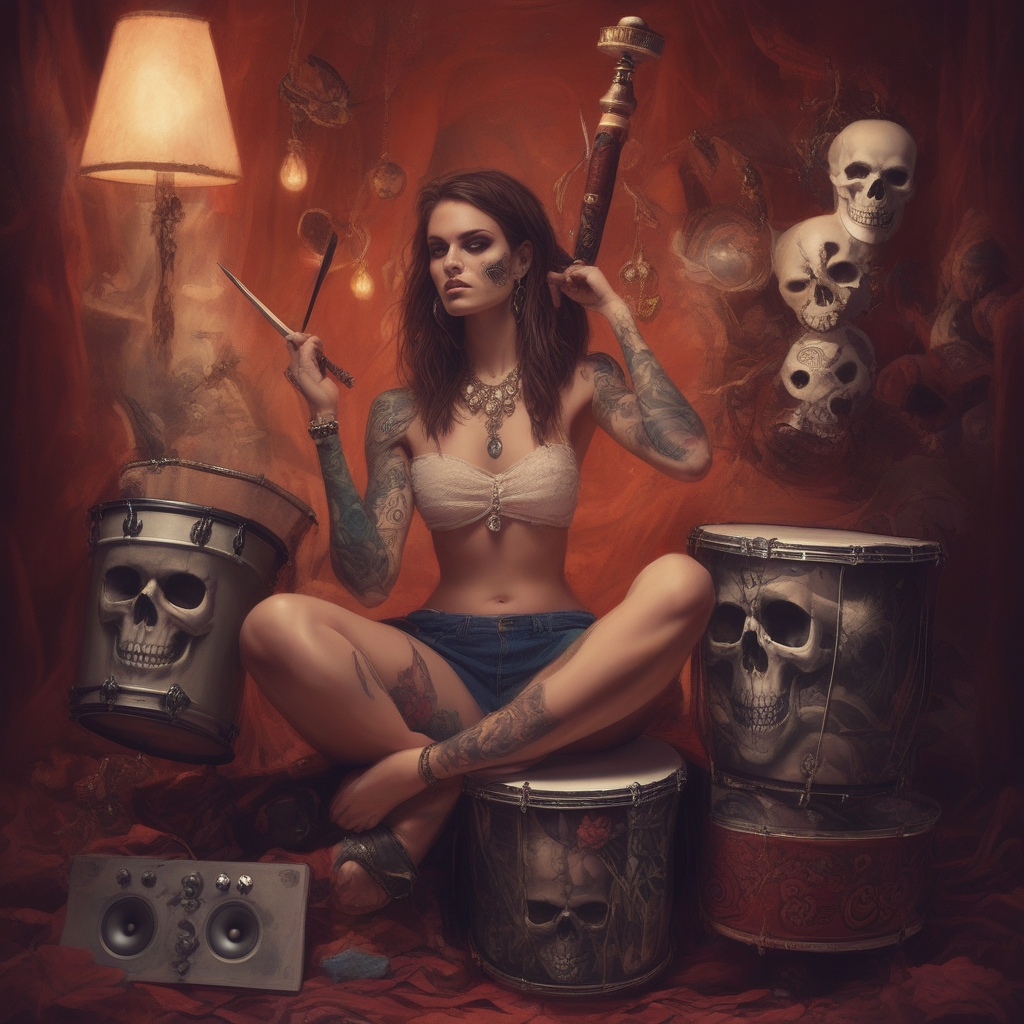 waves, nature, drum, earrings, 3girls, skull, arm tattoo, stage, lamp, 1other, cuffs, speaker, collarbone, sword