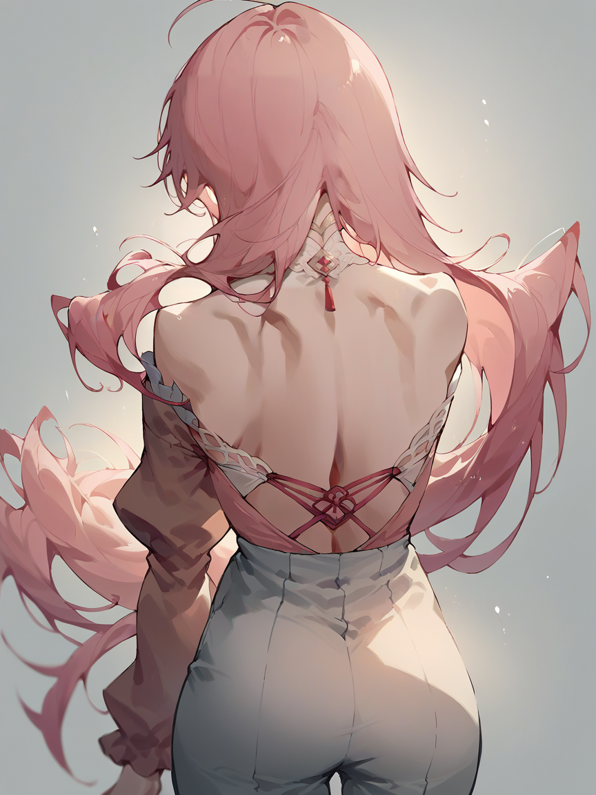 score_9, score_8_up, score_7_up, score_6_up, score_5_up,  <lora:FajyoboreXLP:1> fajyobore, 1girl, from behind, long hair, pink hair,