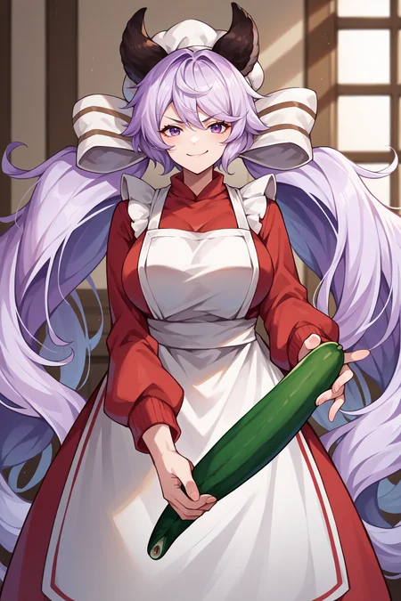 score_9, score_8_up, score_7_up, score_6_up, source_anime, 1girl, solo, <lora:gbfsatyr-pdxl-nvwls-v1-000005:1> defStr, animal ears, lavender hair, purple eyes, very long hair, twintails, white bow, chef's hat, red sweater, white apron, holding a long (cucumber:1.5), hand up, indoors, smirk, looking at you, large breasts