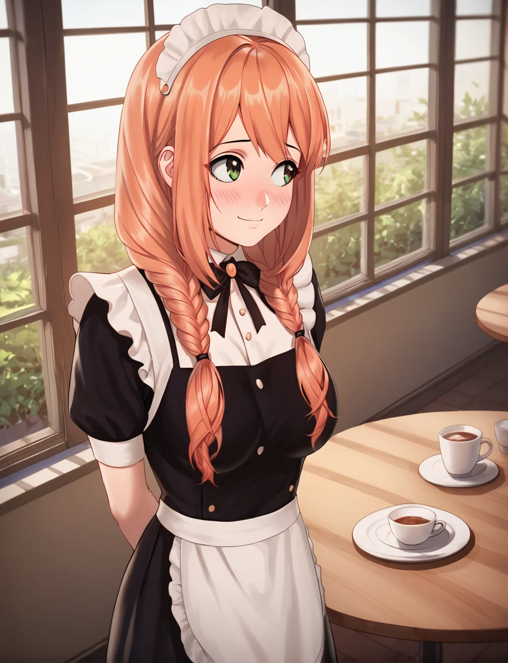 score_9, score_8_up, score_7_up, score_6_up, 1girl, solo, solo, ((cafe background, cafe, tables, windows, walls)), (Himitsu_LMR), maid outfit, wide hips, big breasts, smile, posing, happy, twintails, high angle, looking away, shy, heavy blush, hands behind back, beautiful lighting, <lora:Himitsu_LMRv2:0.8>