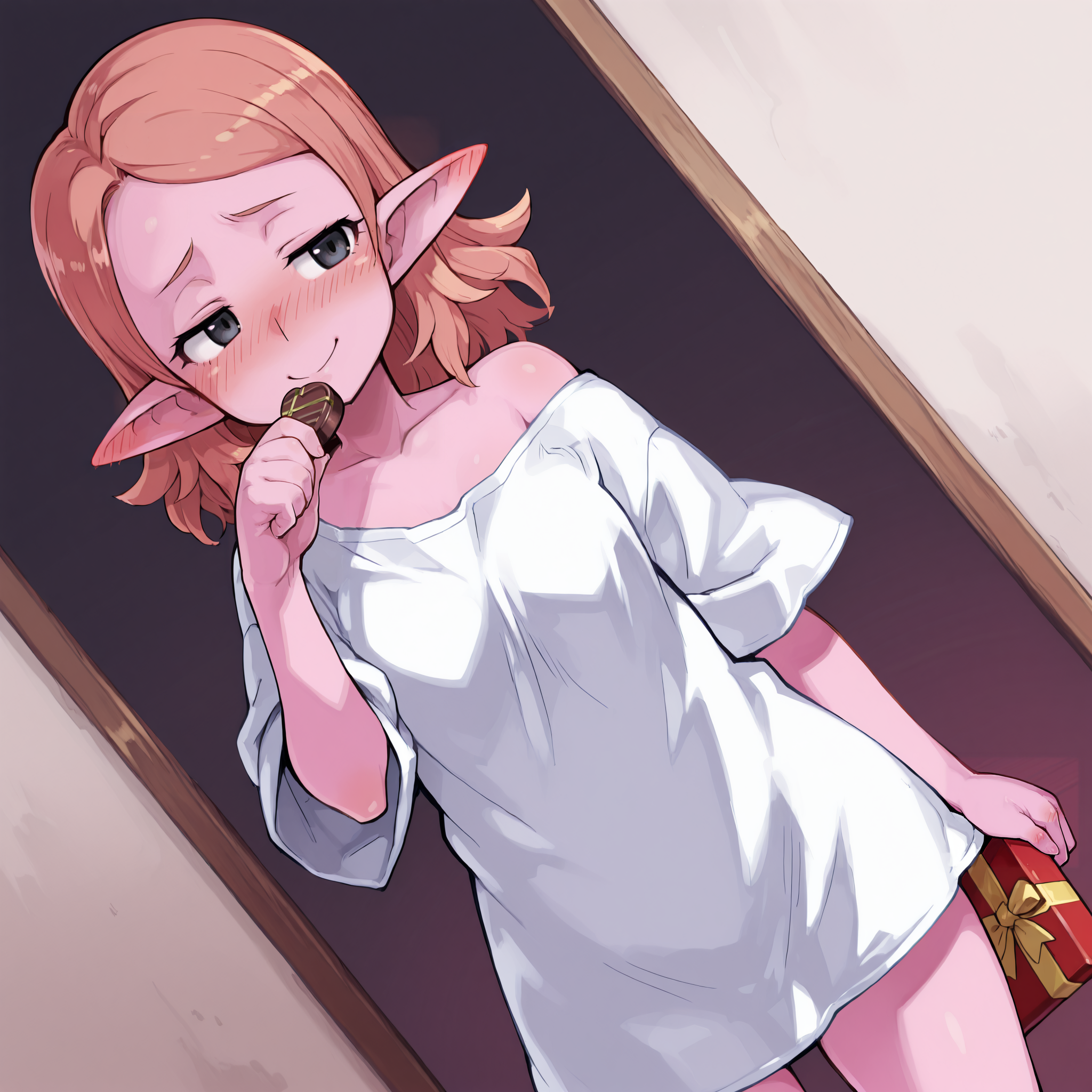1girl, chronoa, pink skin, black eyes, orange hair, medium hair, by harada takehito, by seura isago, by kenkou cross, by atte nanakusa, shirt only, oversized shirt, long ears, ear blush, nose blush, ribbon, box of chocolates, dutch angle,  smug, raised eyebrows, masterpiece, best quality, amazing quality, very aesthetic, absurdres, highres, newest,   <lora:Chronoa_IL:.8> <lora:Seura Isago (Artstyle) [Illustrious]_epoch_5:.5> <lora:Atte_Nanakusa IL:.3> <lora:monsterGirlXL_il_lokr_V5311P:.3> <lora:DisgaeaXLV3:.2>