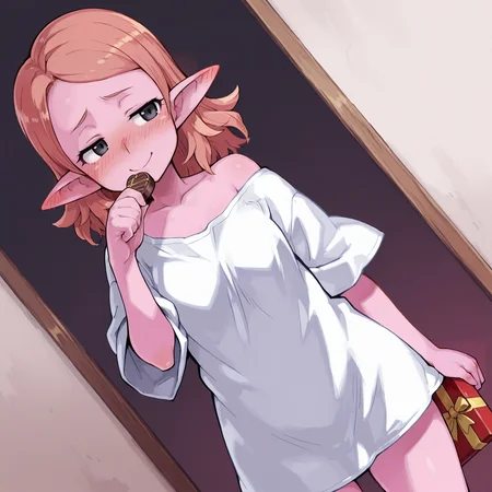 1girl, chronoa, pink skin, black eyes, orange hair, medium hair, by harada takehito, by seura isago, by kenkou cross, by atte nanakusa, shirt only, oversized shirt, long ears, ear blush, nose blush, ribbon, box of chocolates, dutch angle,  smug, raised eyebrows, masterpiece, best quality, amazing quality, very aesthetic, absurdres, highres, newest,   <lora:Chronoa_IL:.8> <lora:Seura Isago (Artstyle) [Illustrious]_epoch_5:.5> <lora:Atte_Nanakusa IL:.3> <lora:monsterGirlXL_il_lokr_V5311P:.3> <lora:DisgaeaXLV3:.2>
