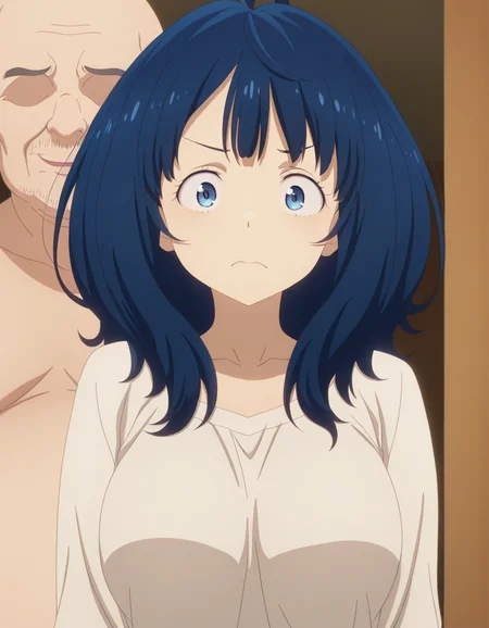 masterpiece, best quality, amazing quality,, <lora:anna-yanami-s1-illustriousxl-lora-nochekaiser:1>, anna yanami, yanami anna, medium hair, blue eyes, ahoge, blue hair, mature female, breasts, anime screencap, <lora:faceless-ugly-man-illustriousxl-lora-nochekaiser:1>, faceless ugly man, faceless, ugly man, fat, faceless male, fat, bald, mature male,,