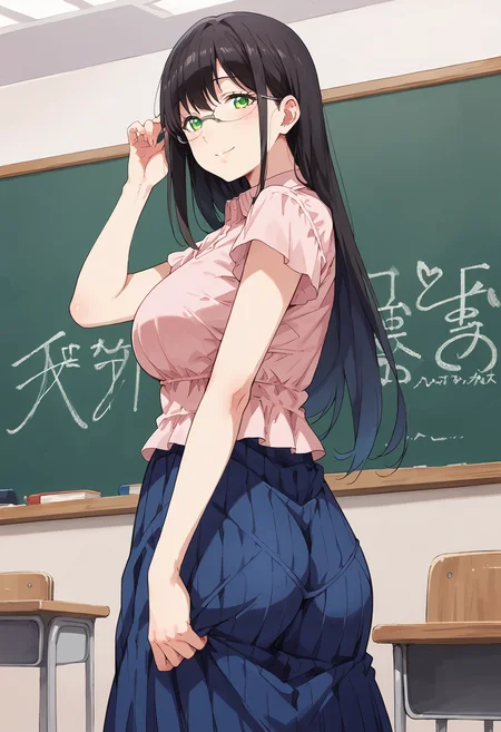 score_9, score_8_up, score_7_up, , source_anime, , hanyuyuzuki, 1girl, solo, perfect hands, , black hair, green eyes, , long hair, smile, blue pleated skirt, collared blouse, looking at viewer, <lora:hanyu_yuzuki_pony3:1> long skirt, (cowboy shot:1.5), standing,swept bangs,mature female, looking back, from behind, ass focus, classroom, blue blackboard , holding eyewear, large ass