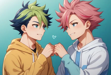 score_9, score_8_up, score_7_up, source_anime, highly detailed, 2boys,
multiple boys, 2boys, male focus, green hair, multicolored hair, blue eyes,
short over long sleeves, layered sleeves, blue hair, pink hair, hood, smile,
looking at another, hoodie, streaked hair, upper body, spiked hair, eye contact,
fistbump,