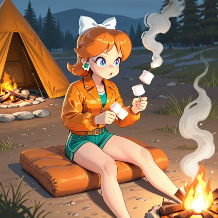 <lora:Daisy MKW Adventure Illustrious:.9> DaisyMKWAdventure, solo, orange jacket, shorts, campfire, toasting marshmallow, light smoke, orange tent