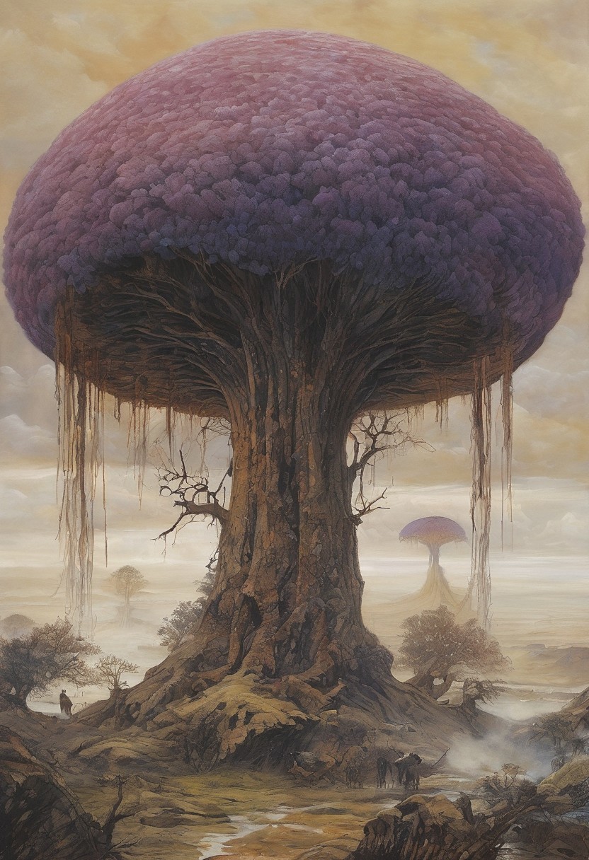 style of Ted Nasmith, score_9, score_8_up, score_8_up, ng_deepnegative_v1_75t, photo, realistic, 
(brian froud:1.1), (karl kopinski:1.3), (cliff nielsen:1.4), (matt cavotta:1.1), (fractal art:0.6), (Oil painting), (by Jean-Franois Millet), (by Gustave Courbet), (by Jules Breton), (by Henry asencio:1.1), (by Josephine Wall:1.1), (by Edgar Degas:1.2), (by Pierre-Auguste Renoir:0.9), (by Claude Monet), (by Vincent Van Gogh:), (by J M W Turner), (by Hokusai), (by James Gurney), (oil painting), (Art Nouveau), (by Gustav Klimt:), (by Egon Schiele), (by Oskar Kokoschka), (by Alphonse Mucha), (in ukiyo-e art style:0.6),
traditional media, realistic,
dreamlike swamp engulfed in perpetual dusk, colorful spore clouds rising from the ancient fungal giants, echoes of mystical creatures hidden among the twilight
close up,
<lora:add-detail-xl:2>
, masterpiece, PYS-XL,
