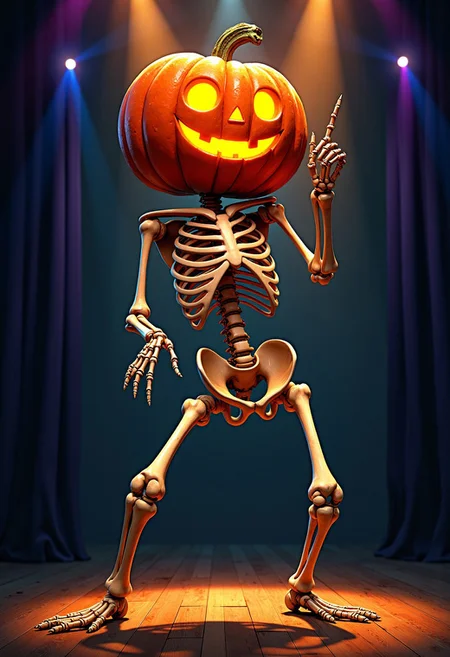 Masterpiece, A parody of the poster from the movie "Saturday night fever" with a skeleton on a stage wearing a large orange pumpkin on its head. The skeleton is on a dacing pose with its legs apart, one outstretched arm pointing up while looking to the viewer. The pumpkin has a jack-o-lantern face on it, with a pointed nose and a wide smile. The background is stage, with stage lights poingting to the skeleton making the skeleton and pumpkin stand out. The overall mood of the illustration is funny and comedic. high-res, semi realistic, best quality, intricate details, ultra details, good lighting, vibrant colors, very detailed, octane render, ray tracing, mythp0rt