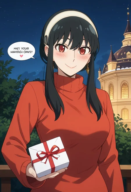 score_9, score_8_up, score_7_up, source_anime,
BREAK,
happy and in love, gentle smile, looking at viewer, Expressiveh, yor briar, black hair, red eyes, sidelocks, hairband, short hair with long locks, white hairband, medium breasts, dress, long sleeves, red sweater, sweater, sweater dress, 1girl, solo, wide hips, blush, text bubble, hearts,
standing, standing straight, one hand on hip, upper body, portrait, holding a heart-shaped gift box,
night, in a luxurious palace rooftop near the beach, outdoors,