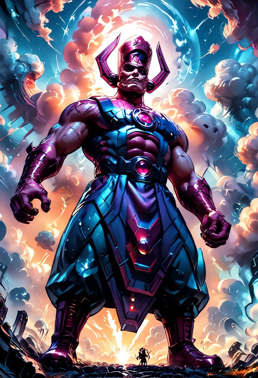 score_9, score_8_up, score_8, score_7_up, score_7, rating_safe, 1man, size difference, super scale, in the heavens, sky being, gigantic, colossal, huge, enormous, dwarfing the earth. above the clouds, celestial being, 
An anime-style, comic-inspired illustration capturing the head of Galactus looming ominously in the sky above a sprawling modern city skyline at dusk. Towering skyscrapers are dwarfed by his colossal presence, with swirling clouds and a dark, brooding color palette emphasizing the sheer scale and power of this cosmic entity. The mood is foreboding and filled with dread, as the citizens below witness Galactus’s massive, otherworldly form dominating the horizon in dramatic detail
