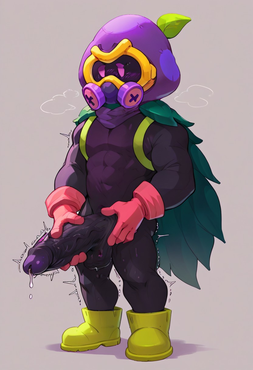 score_9_up, score_8_up, score_7_up, 1boy, bs_cordelius, gas mask, purple hat, black bodysuit, green harness, green cloak, pink gloves, green boots, standing, masturbating black penis,