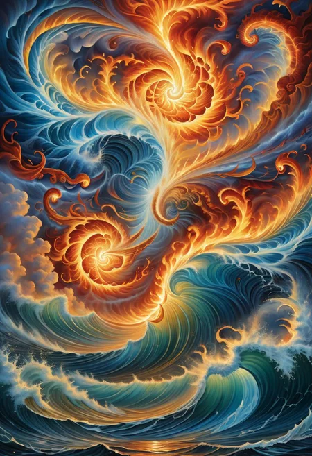 highly intricate and detailed, absurd res, 4K, swirling vortex, fire and water theme, (in the style of Alex Grey:1.3), seascape over stormy raging seas at night, a hurricane of swirling fire and water, smoke and steam, spiraling waves of water rising to meet firey lightning bolts, madness, abstract ral-frctlgmtry throughout image,