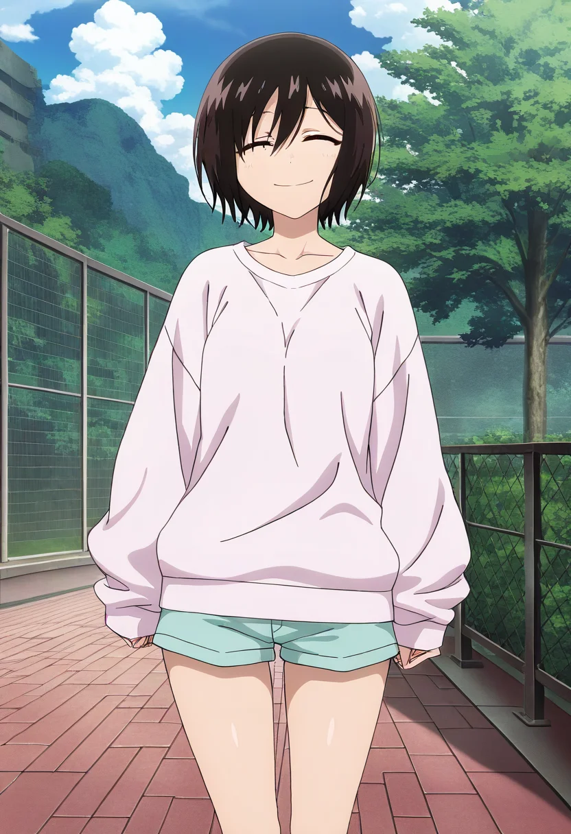 masterpiece, best quality, absurdres, detailed skin, detailed eyes, anime colored, anime screencap,
<lora:Kohakobe_Midori:0.8>, Kohakobe Midori, 1 girl, dark hair, hair between eyes, brown eyes, smile, eyes closed, looking at viewer,
puffy sleeves, sleeves past wrists, shorts,
outdoors,