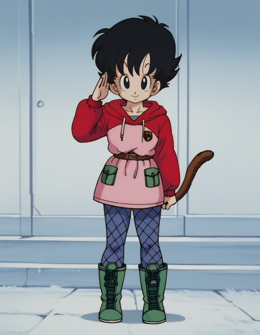 zPDXL, score_9, score_8_up, score_7_up, score_6_up, score_5_up, 4k, absurdres, looking at viewer, <lora:Perfect Hands:0.8> Perfect Hands, 1girl, solo, 
naughty smile, salute, hoodie-dress, thigh-high-boots, patterned-pantyhose,
 <lora:EarlyAkira_v4:1> drgbls1, retro artstyle, 1980s \(style\), anime coloring,, <lora:Parsleah_v1:0.7>  parsleahbase, black hair, short hair, black eyes, (monkey tail), small breasts, brown tail,
