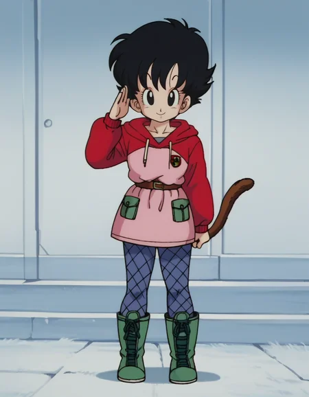 zPDXL, score_9, score_8_up, score_7_up, score_6_up, score_5_up, 4k, absurdres, looking at viewer, <lora:Perfect Hands:0.8> Perfect Hands, 1girl, solo,
naughty smile, salute, hoodie-dress, thigh-high-boots, patterned-pantyhose,
<lora:EarlyAkira_v4:1> drgbls1, retro artstyle, 1980s \(style\), anime coloring,, <lora:Parsleah_v1:0.7> parsleahbase, black hair, short hair, black eyes, (monkey tail), small breasts, brown tail,