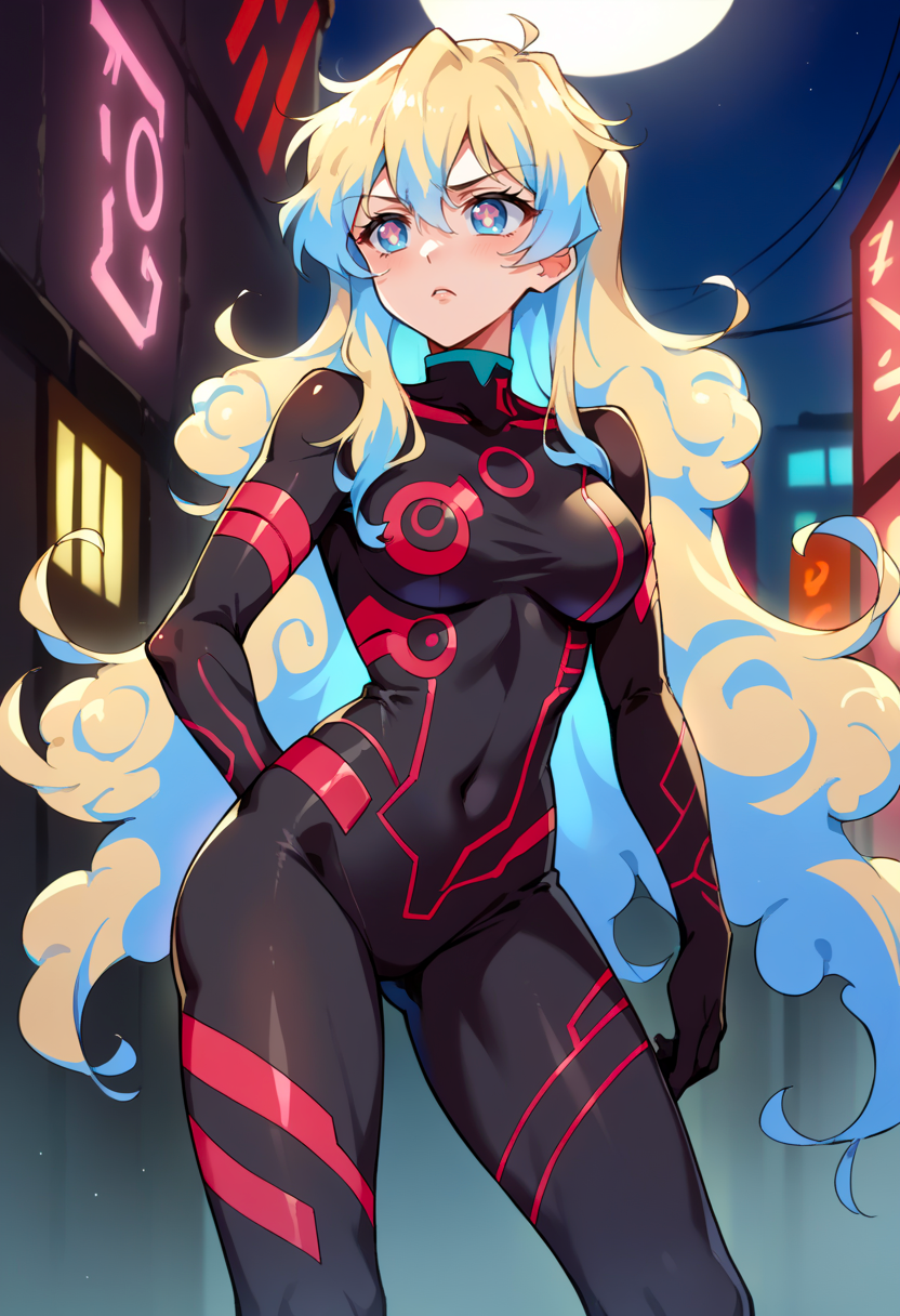 score_9, score_7_up, source_anime, BREAK frown, parted lips,   <lora:NiaS2-000009:1> antinia, 1girl, blue eyes, symbol-shaped pupils, very long hair, blonde hair, blue hair, two-tone hair, medium breasts, black bodysuit, neon trim,