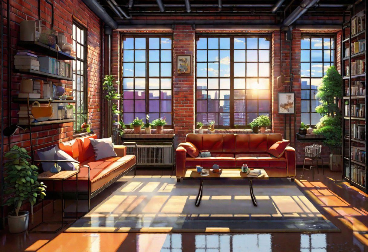 anime-style, an industrial-style interior with red brick walls and large windows, a  study, Sofa, coffee table, bookcase, single wall, 
warm light morning sun, the view of the city